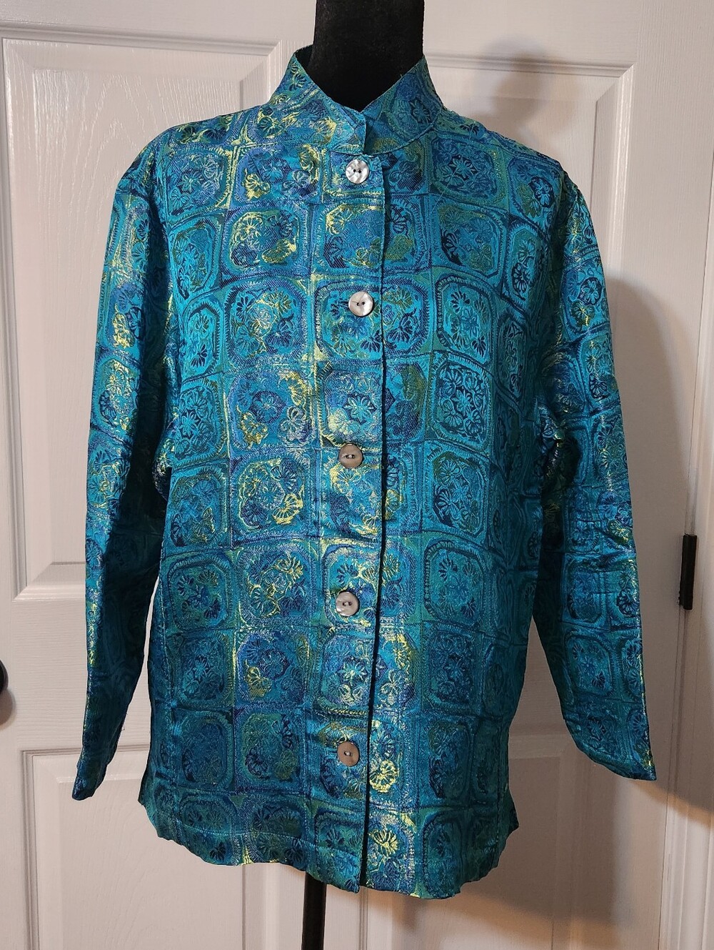 Chico's Silk Blend Teal Brocade Mandarin Collar Jacket with Gold Accents, Size 2